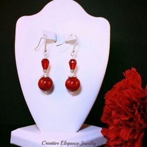 Red and Silver Beaded Drop Earrings